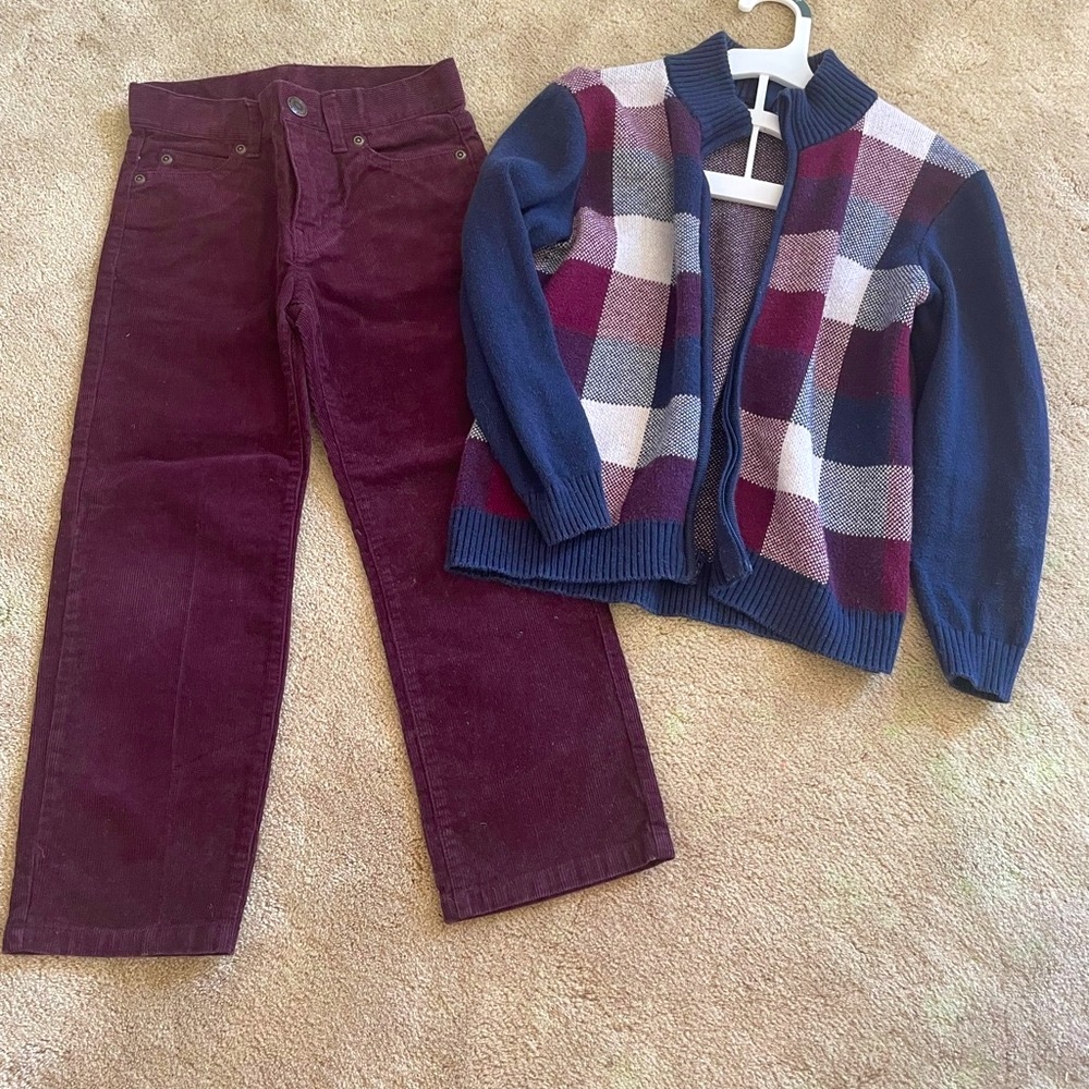 Janie and Jack Burgundy Corduroy Pants with Navy and Burgundy Plaid Zip Cardigan